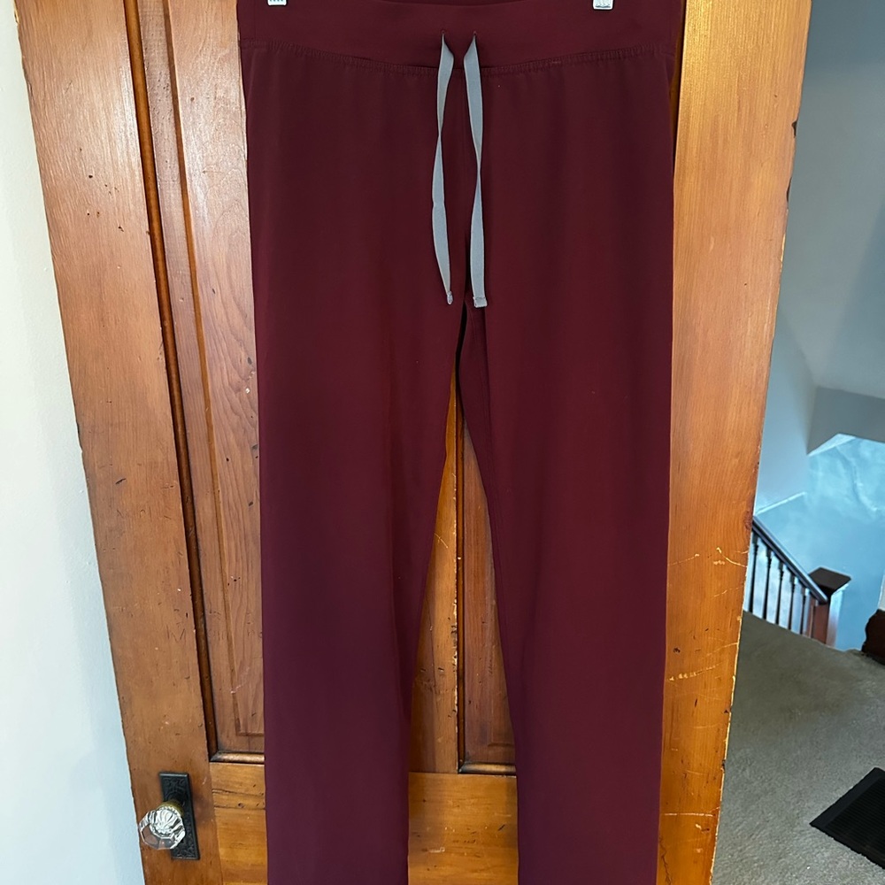 FIGS Burgundy Scrub Pants with Gray Drawstring